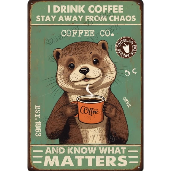 Otter Decor I Drink Coffee, Stay Away from Chaos, and Know What Matters Novelty Aluminum Sign,12x8 inches,Vintage Sign, Funny Wall Decor for Cafes Coffee Shop Decor,Housewarming Gifts