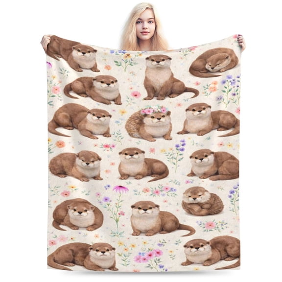 Otter Floral Throw Blanket, Soft Flannel Fleece Blanket with Nature Animal Pattern, Decorative Cozy Blanket for Sofa Couch Bed 50x40