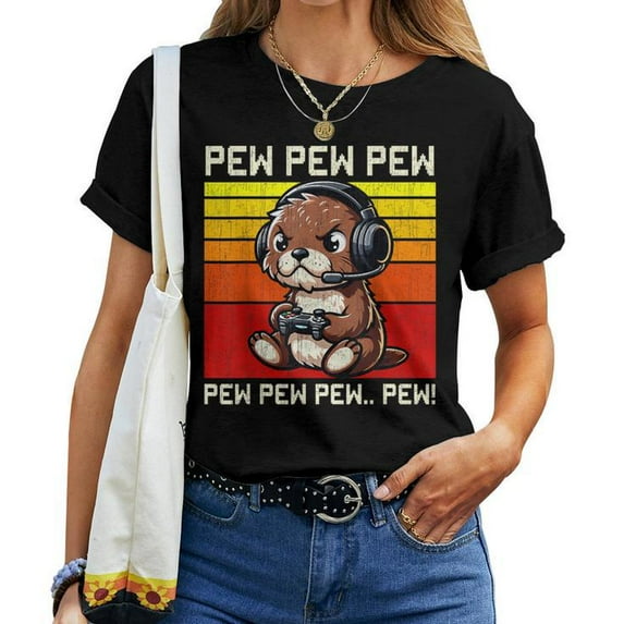 Otter Gamer Pew Video Games Vintage T-Shirt for Boys, Girls & Women - Funny Retro Gaming Apparel, Cute Animal Gamer Tee, Gift Idea