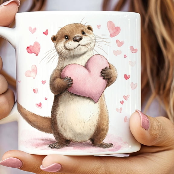 Otter Holding Pink Valentine Heart Mug | Ceramic 11oz 15oz, Morning Coffee Cup