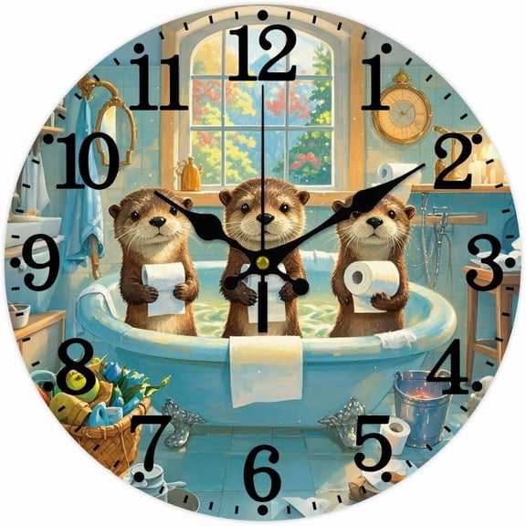 Otter Hugging Paper Pattern Wall Clock 12 Inch Non-Ticking Bathtub Pattern Clocks Round Wall Hanging Clock Battery Operated for Bedroom Living Room Kitchen Office colorful