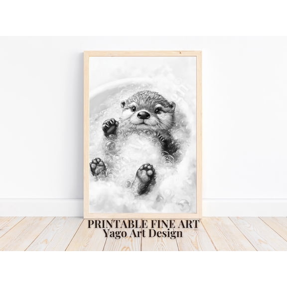 Otter In Bathtub Print, Minimalist Bathroom Wall Art Home Decor #2792, Unframed Poster Size 16x24