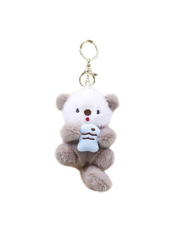 Otter Keychain Plush, Small Hanging Stuffed Animal Holding a Fish, Cute Couple Gift for Backpack and Purse 6 Inch Khaki
