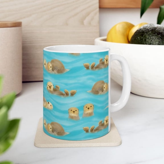 Otter Mom and Cub Ceramic Coffee Mug Ocean .