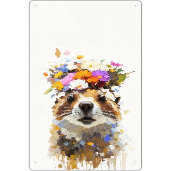 Otter Office Decor, Guest Room Wall Decor,Otter Wearing a Flower Wreath Vintage Otter Tin Sign, Otter Bathroom Wall Art, Otter Gifts for Girl Sisters Friends 12x8 Inches