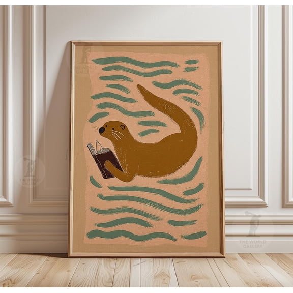 Otter Reading Book Peach Water Pattern Folk Style Animal Wall Art, Unframed Poster