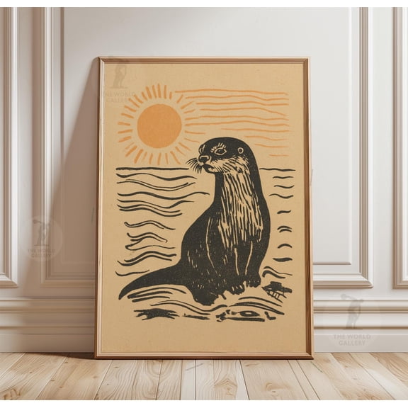 Otter Sun Scene, Minimal Wave Pattern, Linocut Style Poster, Poster Only