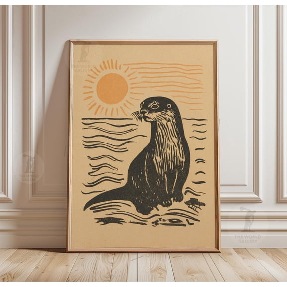 Otter Sun Scene Minimal Wave Pattern Linocut Style Poster