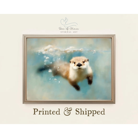 Otter Swimming Art Poster Whimsical Coastal Nursery Decor Warm Present Vintage UNFRAMED Poster Size 8x12