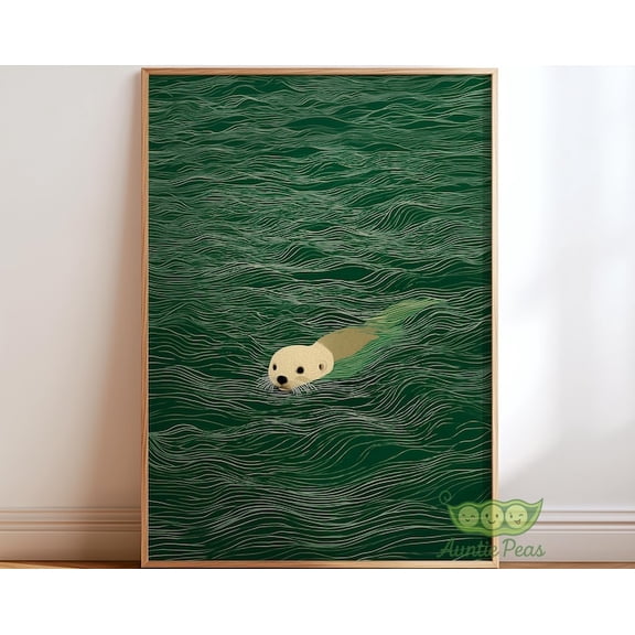 Otter Swimming Emerald Green Ocean Wall Art Print, Unframed Paper Poster 8x10in