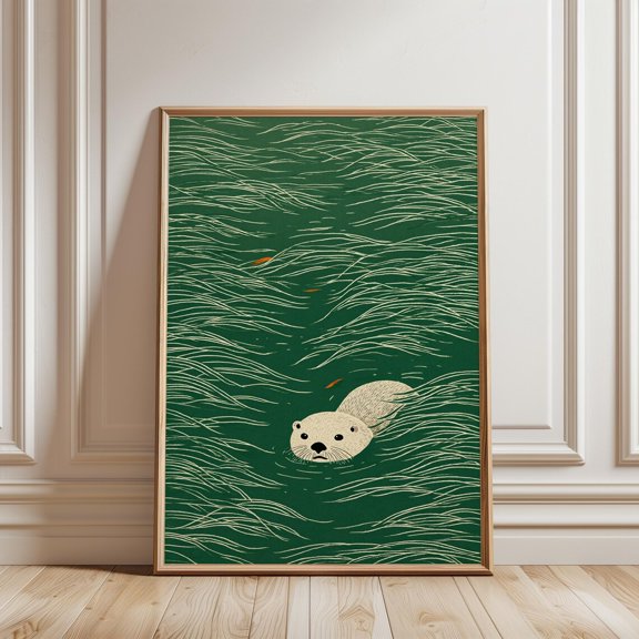 Otter Swimming Japanese Style Minimalist Wildlife Print, Unframed Paper Poster 8x10in
