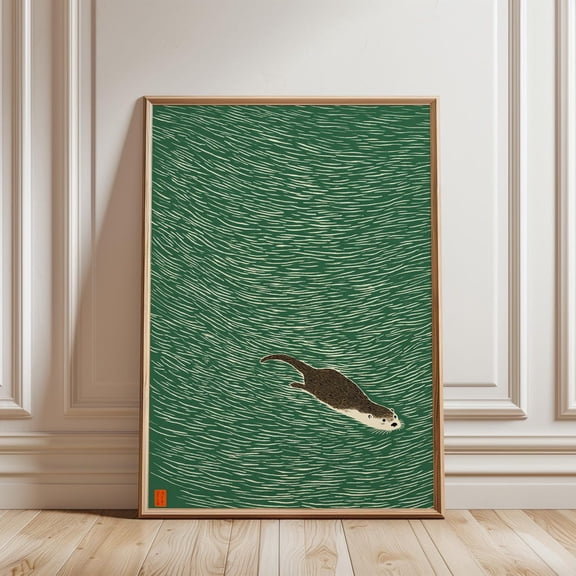 Otter Swimming Poster, Japanese-Style Minimal Wildlife Print, Unframed Canvas 8x10in