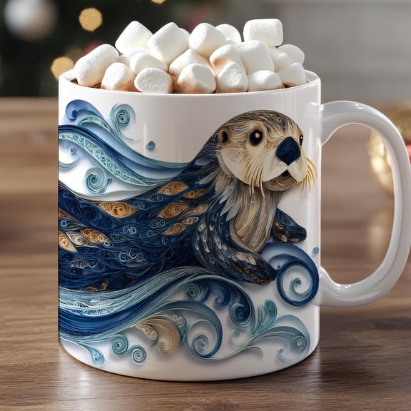 Otter Swimming in Waves, Quilled-look Ceramic Mug | 11oz 15oz