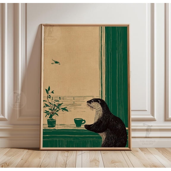 Otter Tea Scene Green Window Interior Linocut Style Animal Wall Art, Unframed Poster