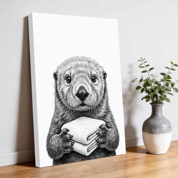 Otter Towel Canvas Wall Art, Modern Playful Bathroom Gray Black White Animal Pictures Wall Decor Wooden Framed Artwork Art Prints for Living Room Hallway Bedroom Office 24"x32"