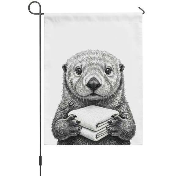 Otter Towel Garden Flag 12 x 18 Inches, Modern Playful Bathroom Gray Black White Weather Proof Outdoor Patio Flags Double Sided Small Garden Decoration for Yard Outside Home