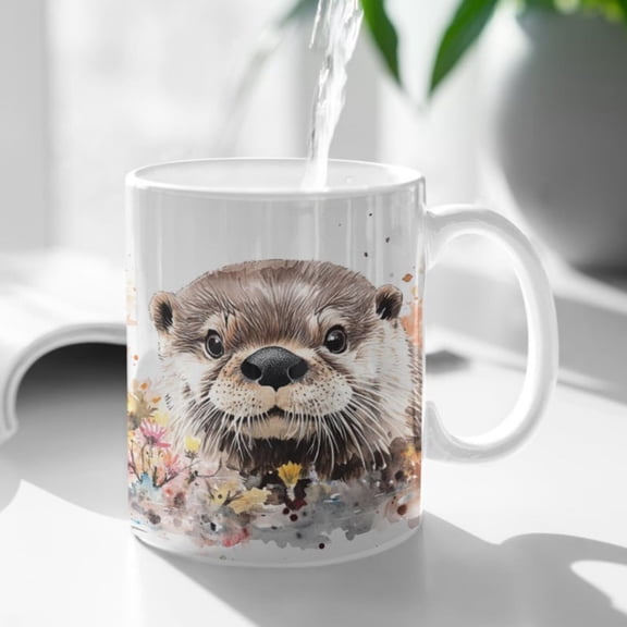 Otter gif, Otter coffee mug, cute otter, animal lover gift, flower gift, flower mug, sea otter gif, colourful leaves, gif animal lovers.