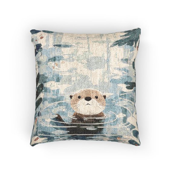 Otter in Blue Pond with Reeds, Cream and Teal Decorative Woven Pillow, Cotton-Polyester Shell, Nature Style