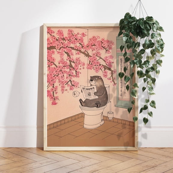 Otter on Toilet Japanese Bathroom Humor Wall Decor, Unframed Paper Poster 8x10in