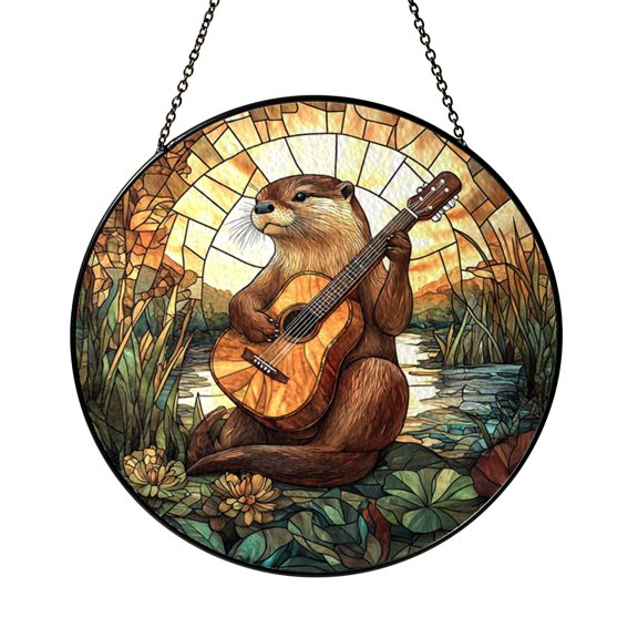 Otter with Guitar Stained Glass Window Hanging – Musical Wildlife Design, Unique Nature Gift for Home