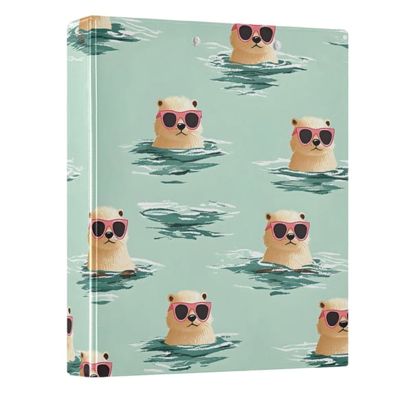 Otter with Sunglasses Swimming Hardcover 3 Ring Binder 1.5” Round Rings Letter Size Paper Pockets for School Office Supplies