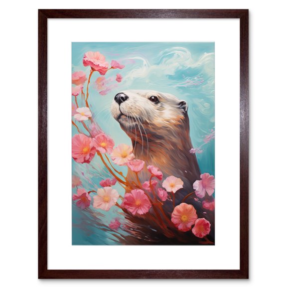 Otter with a Pink Cherry Blossom Branch Elegant Oil Painting Floating on Lake Water with Flowers Artwork Framed Wall Art Print 9X7 Inch