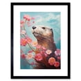 thumbnail image 1 of Otter with a Pink Cherry Blossom Branch Elegant Oil Painting Floating on Lake Water with Flowers Artwork Framed Wall Art Print 9X7 Inch, 1 of 5