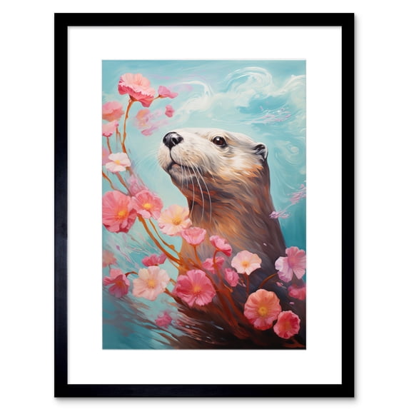 Otter with a Pink Cherry Blossom Branch Elegant Oil Painting Floating on Lake Water with Flowers Artwork Framed Wall Art Print 9X7 Inch