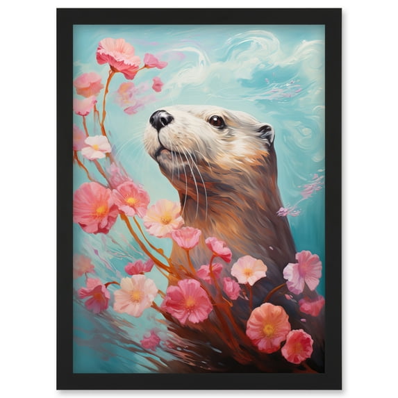 Otter with a Pink Cherry Blossom Branch Elegant Oil Painting Floating on Lake Water with Flowers Artwork Framed Wall Art Print A4
