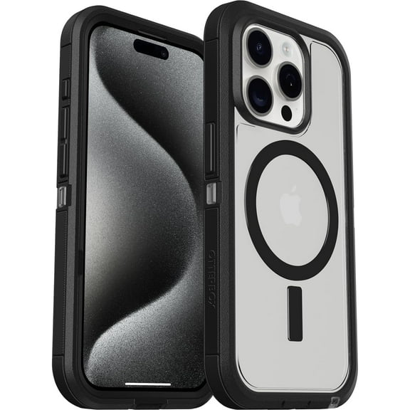 OtterBox Defender Series XT Case with MagSafe for iPhone 15 Pro Max, Clear/Black