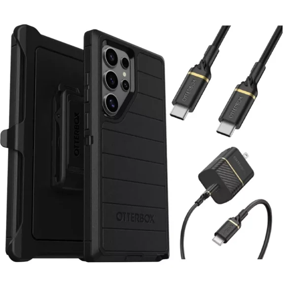 OtterBox Galaxy S24 Ultra (Only) Bundle: Defender Series Pro Case - Black - Rugged & Durable - with Port Protection - Holster Clip Included - USB-C to USB-C Wall Charging Kit, 20W.