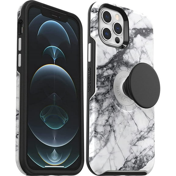 OtterBox Pop Symmetry Slim Cell Phone Case for Apple iPhone 12, White Marble