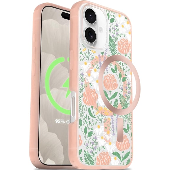 OtterBox Symmetry Clear Series+ Case for iPhone 16 Only, Peachy Bloom Pink, MagSafe Compatible, Ultra-Sleek Shockproof Cover with 3X Military Drop Protection, Raised Edges and Anchor Points, Slim Fit