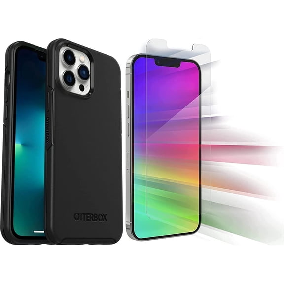 OtterBox Symmetry Series Case for iPhone 13 Pro Max Only - with Zagg Glass Elite Clear Screen Protector - Non Retail Packaging - Black