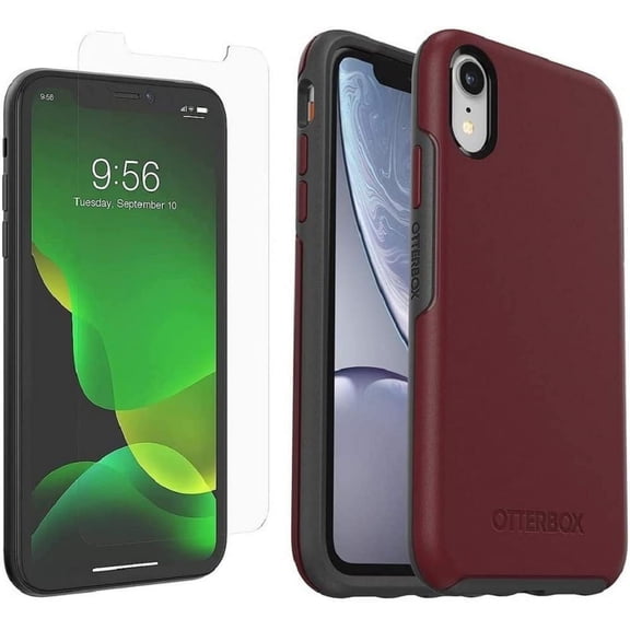 OtterBox Symmetry Series Case for iPhone XR Only - with Zagg Glass Elite Clear Screen Protector - Non-Retail Packaging - Fine Port Cordovan/Slate Grey