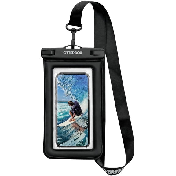 OtterBox Waterproof Universal Phone Pouch - IPX8 Submersible Dry Bag Clear PVC Cell Phone Case with Heavy-Duty Clip and Lanyard, Black