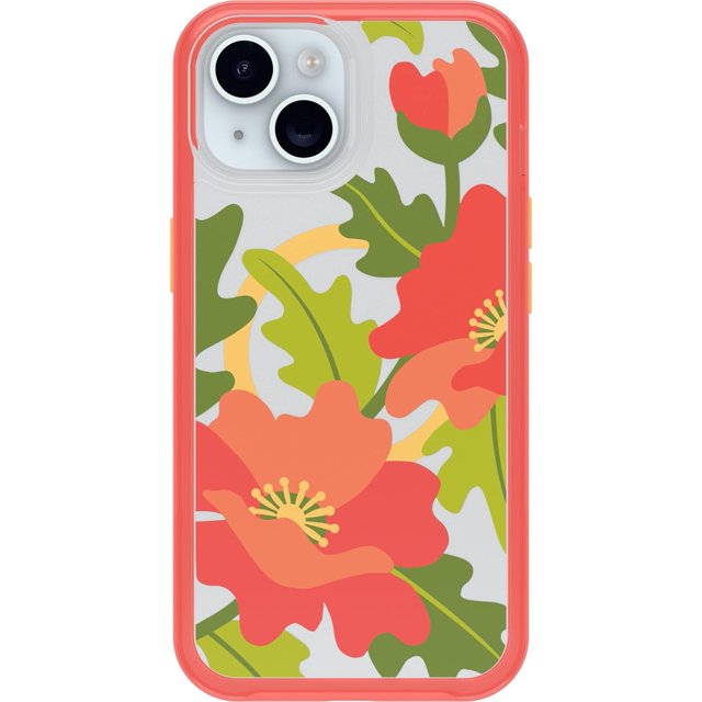OtterBox iPhone 15, iPhone 14, and iPhone 13 Symmetry Series Clear Case - Quilted Poppies (Red), Snaps to MagSafe, Ultra-Sleek, Raised Edges Protect Camera & Screen