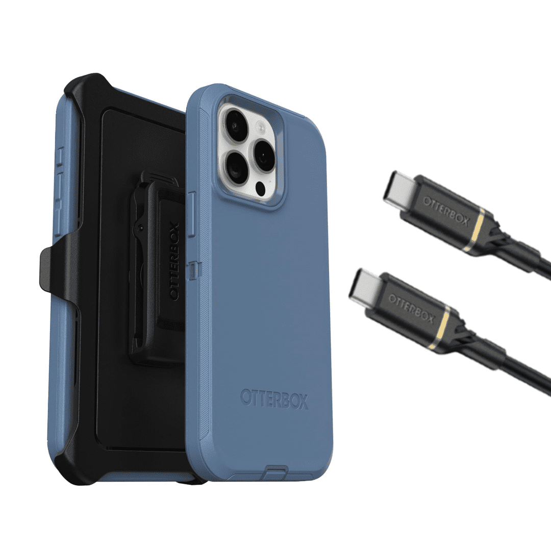 OtterBox iPhone 15 Pro Max (Only) - Defender Series Case - Baby Blue Jeans (Blue) - Full Case - Microbial Defense Protection - USB-C to USB-C Cable