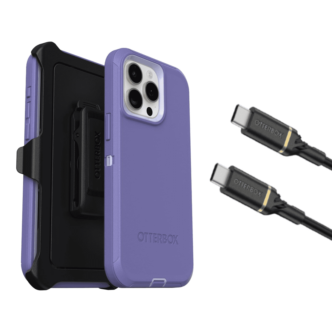 OtterBox iPhone 15 Pro Max (Only) - Defender Series Case - Mountain Majesty (Purple) - Full Case - Microbial Defense Protection - USB-C to USB-C Cable