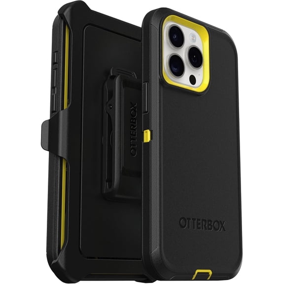 OtterBox iPhone 15 Pro Max (Only) - Defender Series Case - Night (Black & Yellow) - Screenless - Rugged & Durable - with Port Protection - Holster Clip Includes - Non-Retail Packaging