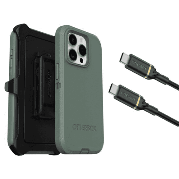 OtterBox iPhone 15 Pro (Only) - Defender Series Case - Forest Ranger (Green) - Full Case - Microbial Defense Protection - USB-C to USB-C Cable