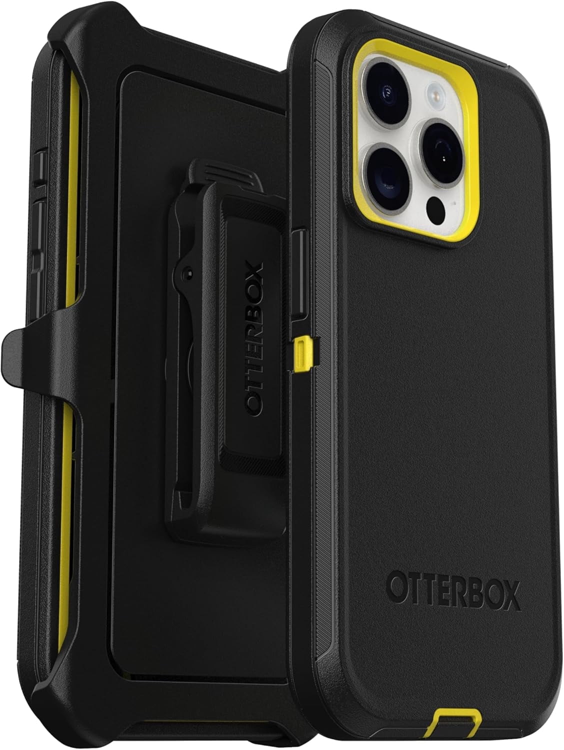 OtterBox iPhone 15 Pro (Only) - Defender Series Case - Night (Black & Yellow) - Screenless - Rugged & Durable - with Port Protection - Holster Clip Includes - Non-Retail Packaging