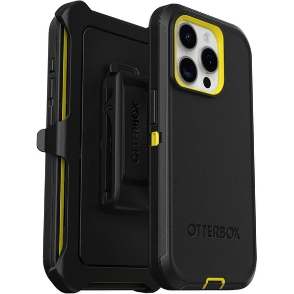 OtterBox iPhone 15 Pro (Only) - Defender Series Case - Night (Black & Yellow) - Screenless - Rugged & Durable - with Port Protection - Holster Clip Includes - Non-Retail Packaging