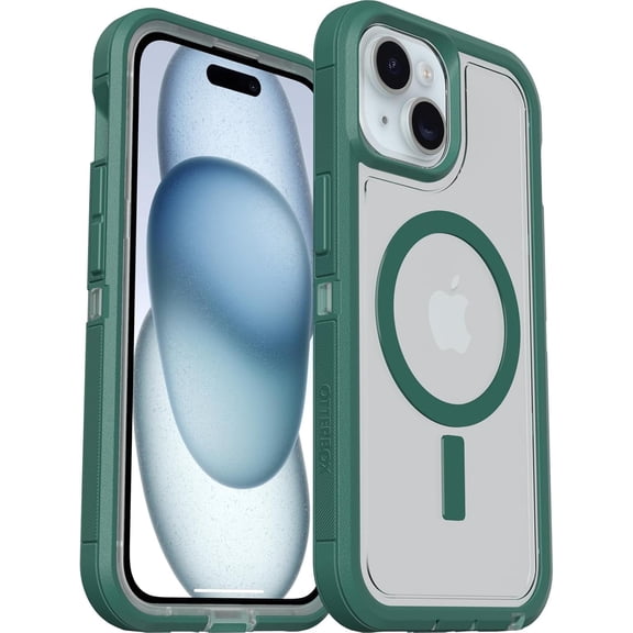 OtterBox iPhone 15, iPhone 14 & iPhone 13 (Only) - Defender Series XT Clear Case - Velvet Evergreen (Clear) - Snaps to MagSafe - Screenless - Rugged - Lanyard Attachment - Non-Retail Packaging