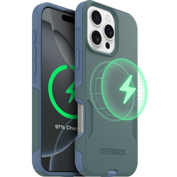 OtterBox iPhone 16 Pro Max Commuter Series MagSafe Case - Thin & Tough, Dual Layer with Port Protection and Built-In Anchors - Green & Blue