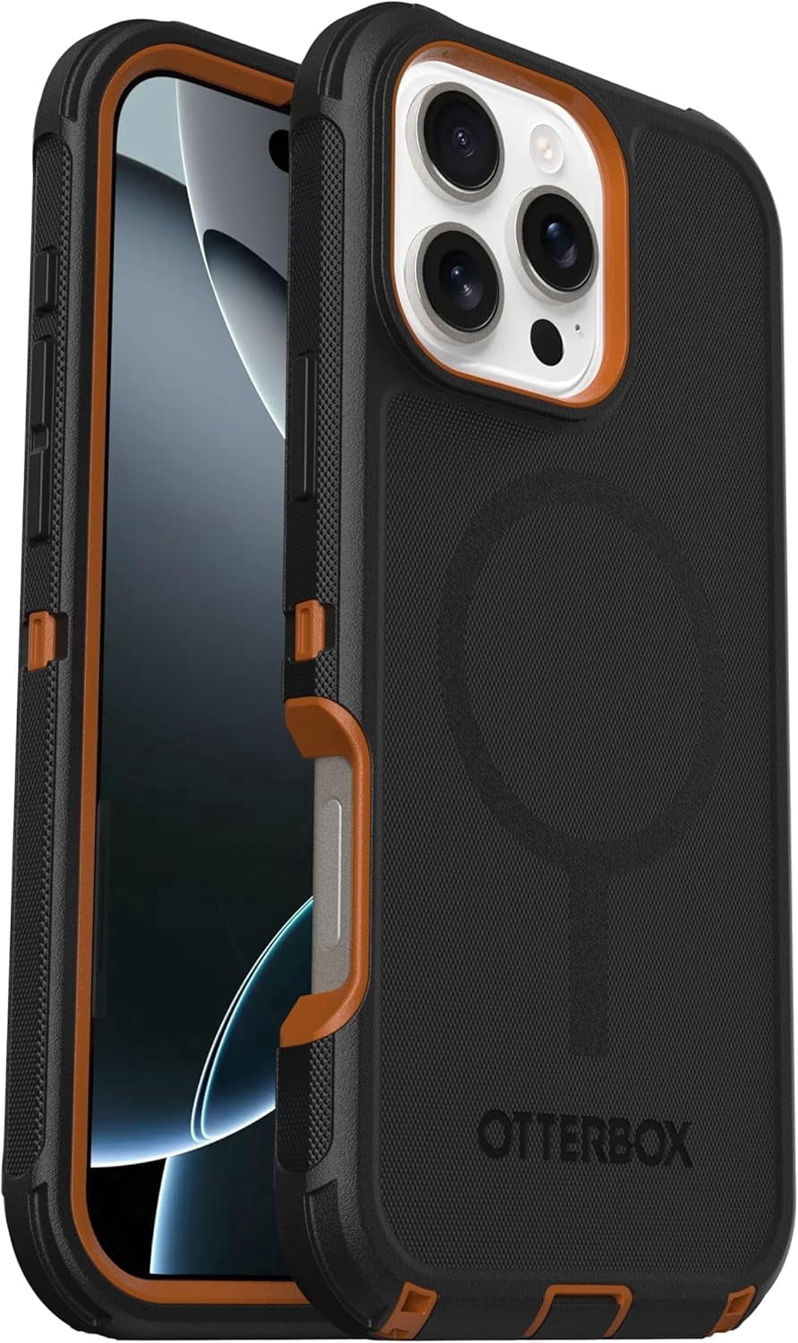 OtterBox iPhone 16 Pro Max (Only) Defender Series MagSafe Case - Iron Eclipse (Black & Orange) - Case Only, Built-in Magnets, Screenless, Rugged & Durable, with Port Protection, Non-Retail Packaging