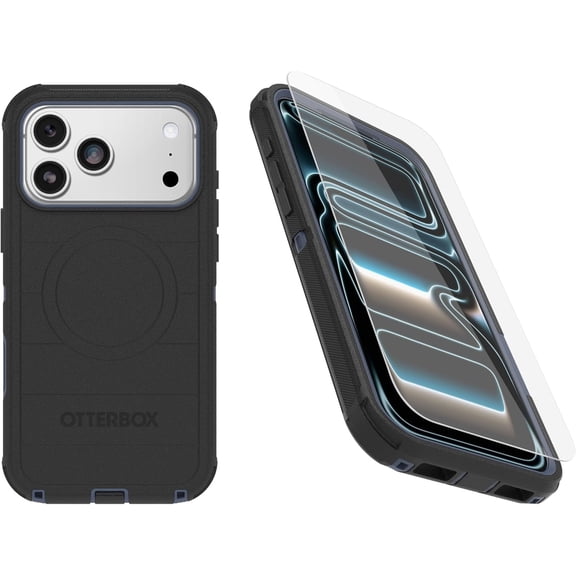 OtterBox iPhone 17 Pro Max (Only) Bundle: Defender Series Case & Screen Protector - Black Shadow (Black & Blue) - Case Only - Snaps on MagSafe - Tough - Rugged & Durable