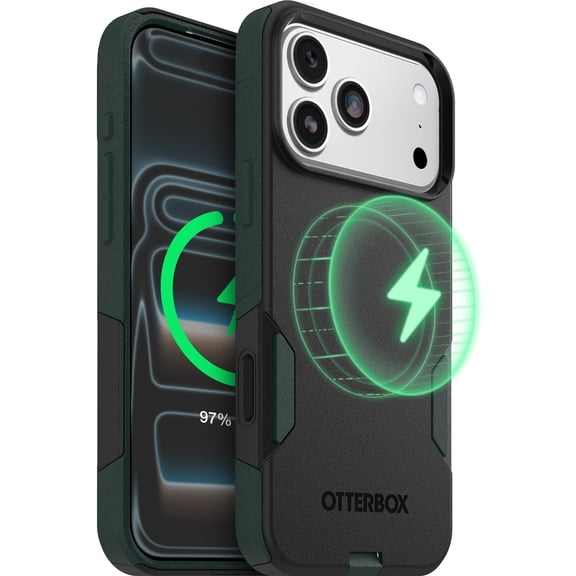 OtterBox iPhone 17 Pro Max Commuter Series MagSafe Case - Thin & Tough, Dual Layer with Port Protection and Built-In Anchors - Black & Green