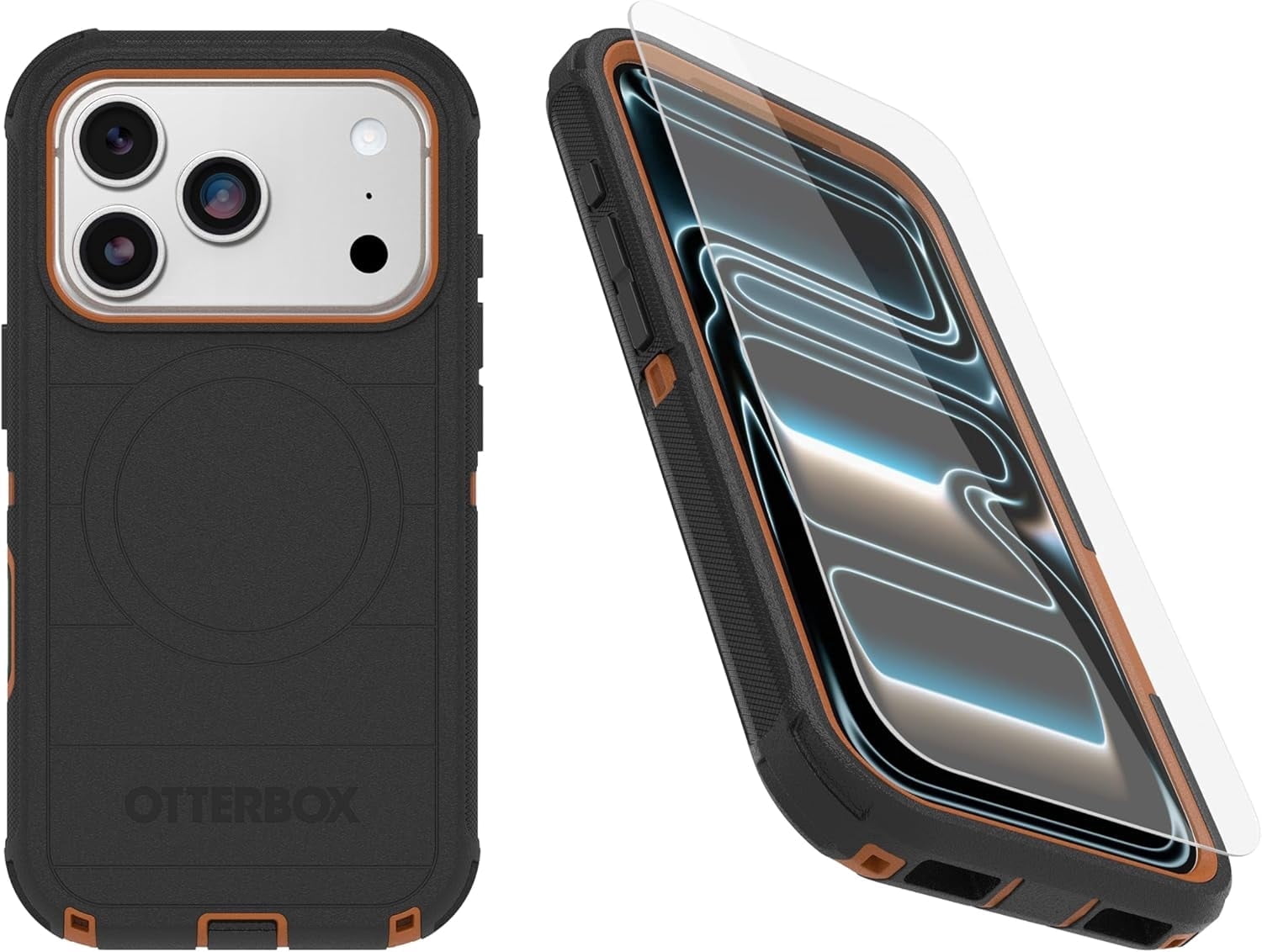 OtterBox iPhone 17 Pro (Only) Bundle: Defender Series Case & Screen Protector - Black Chateau (Black & Orange) - Case Only - Snaps on MagSafe - Tough - Rugged & Durable