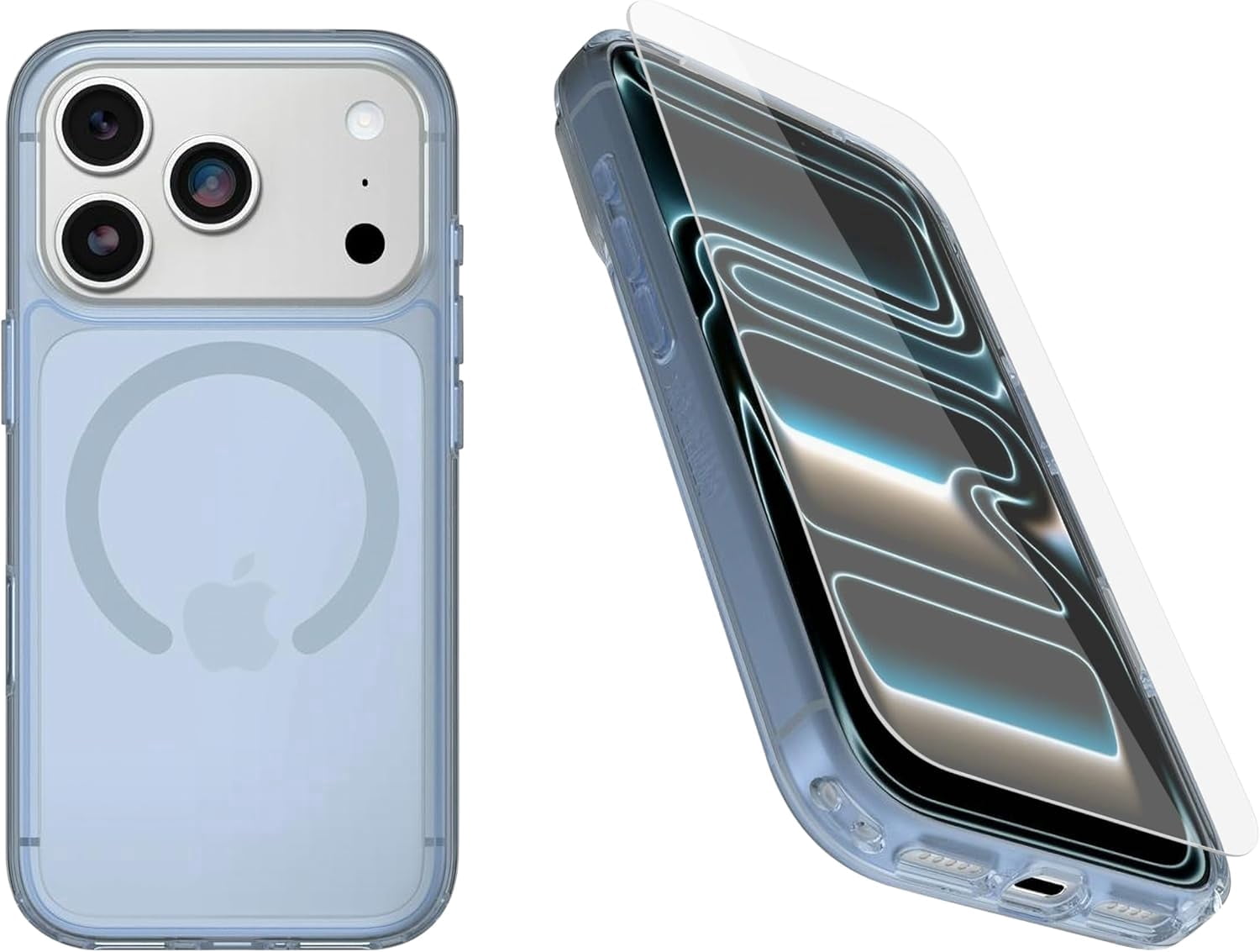 OtterBox iPhone 17 Pro (Only) Bundle: Symmetry Clear Series+ Case & Screen Protector - Blue Bliss - Snaps to MagSafe - Ultra-Sleek - Raised Edges Protect Camera & Screen - Non-Retail Packaging